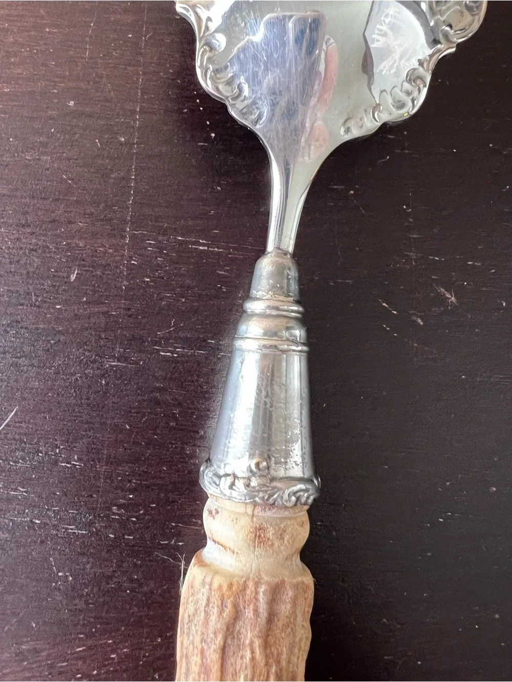 Antique Stag Horn Handle Serving Set Silver Plate Salad Fork Spoon Rustic Lodge
